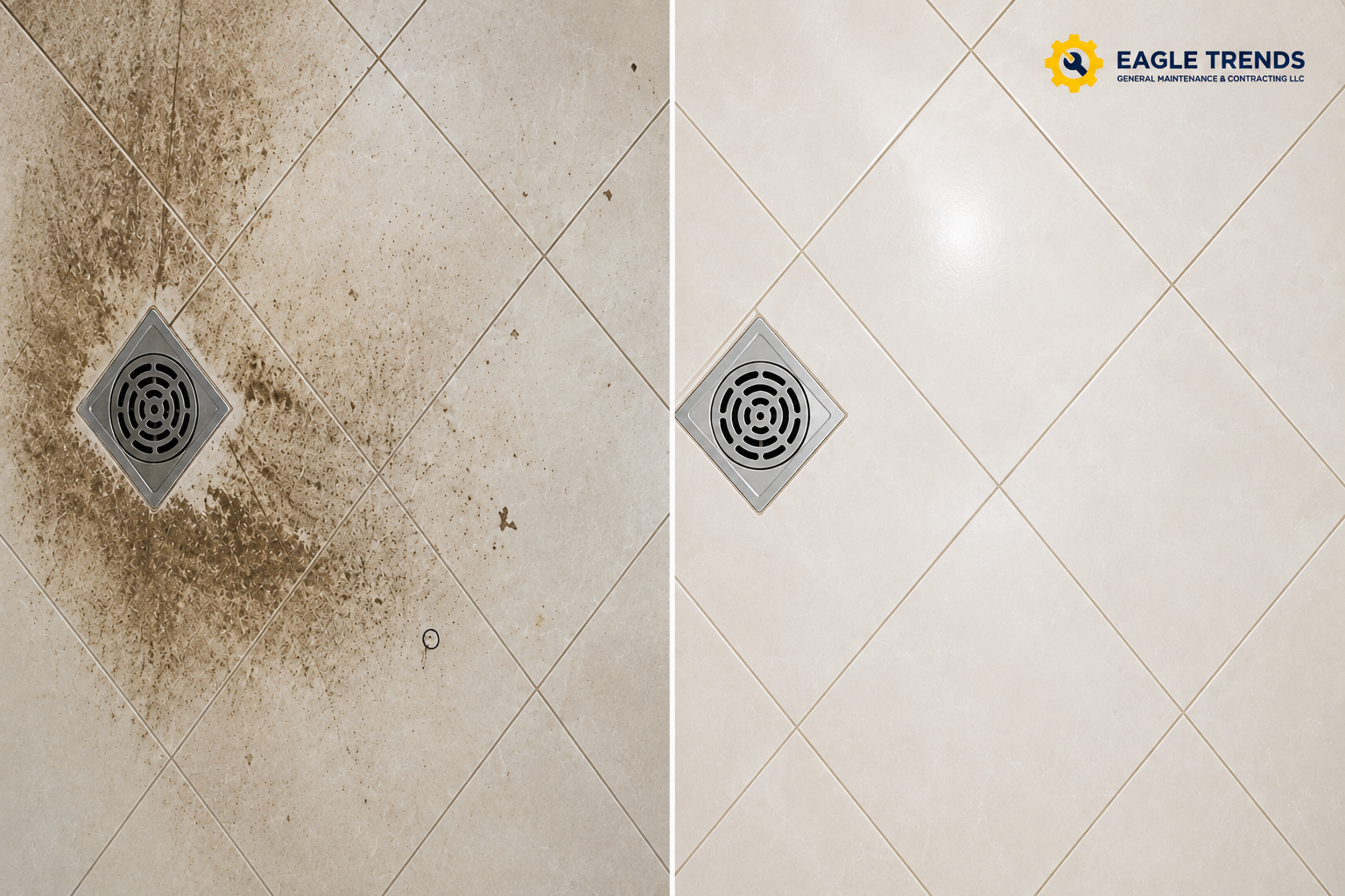 Before and after professional drain cleaning service in Abu Dhabi showing a cleaned floor drain and restored tiled surface.