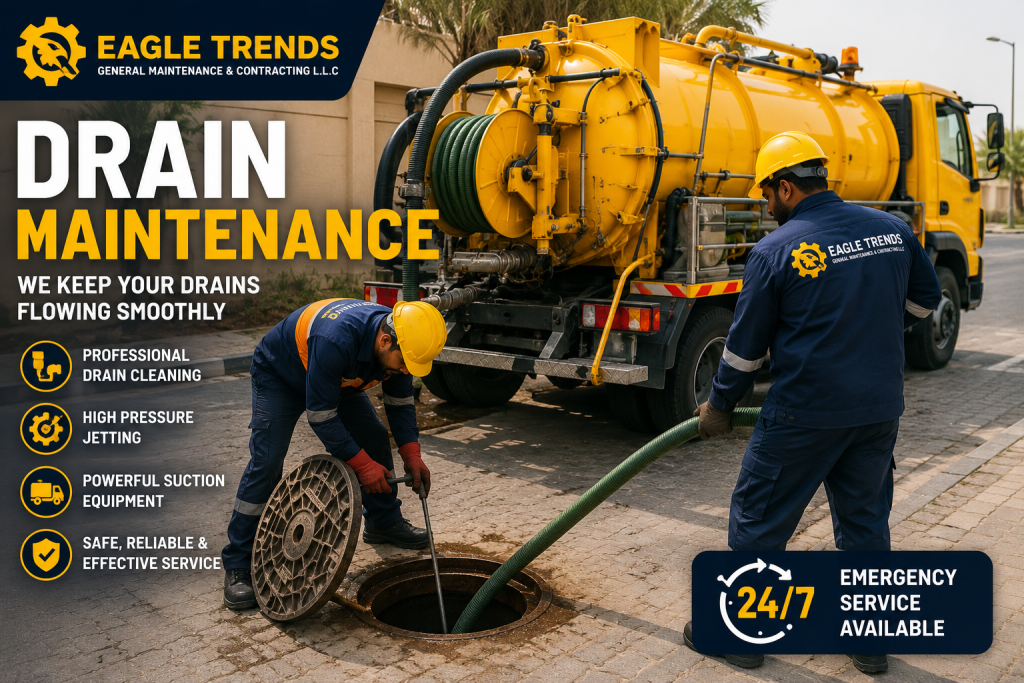 Eagle Trends provides professional drain cleaning and maintenance services for bathrooms, floor drains, manholes, and drainage systems in Abu Dhabi.