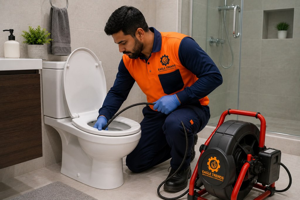 Eagle Trends technician cleaning a blocked toilet drain with a professional drain auger in a modern bathroom in Abu Dhabi.