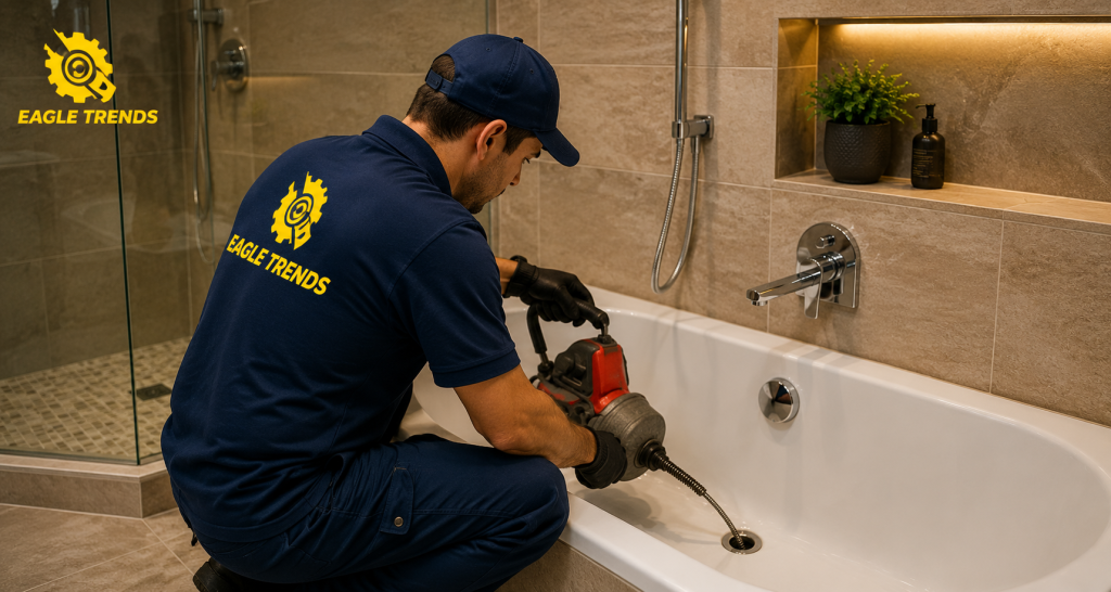 Eagle Trends technician providing restaurant drain cleaning and hydro jetting in a commercial kitchen