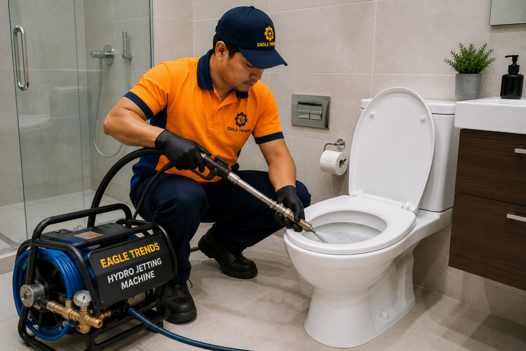 Technician performing professional toilet hydro jetting to clear a blocked toilet drain in Abu Dhabi.